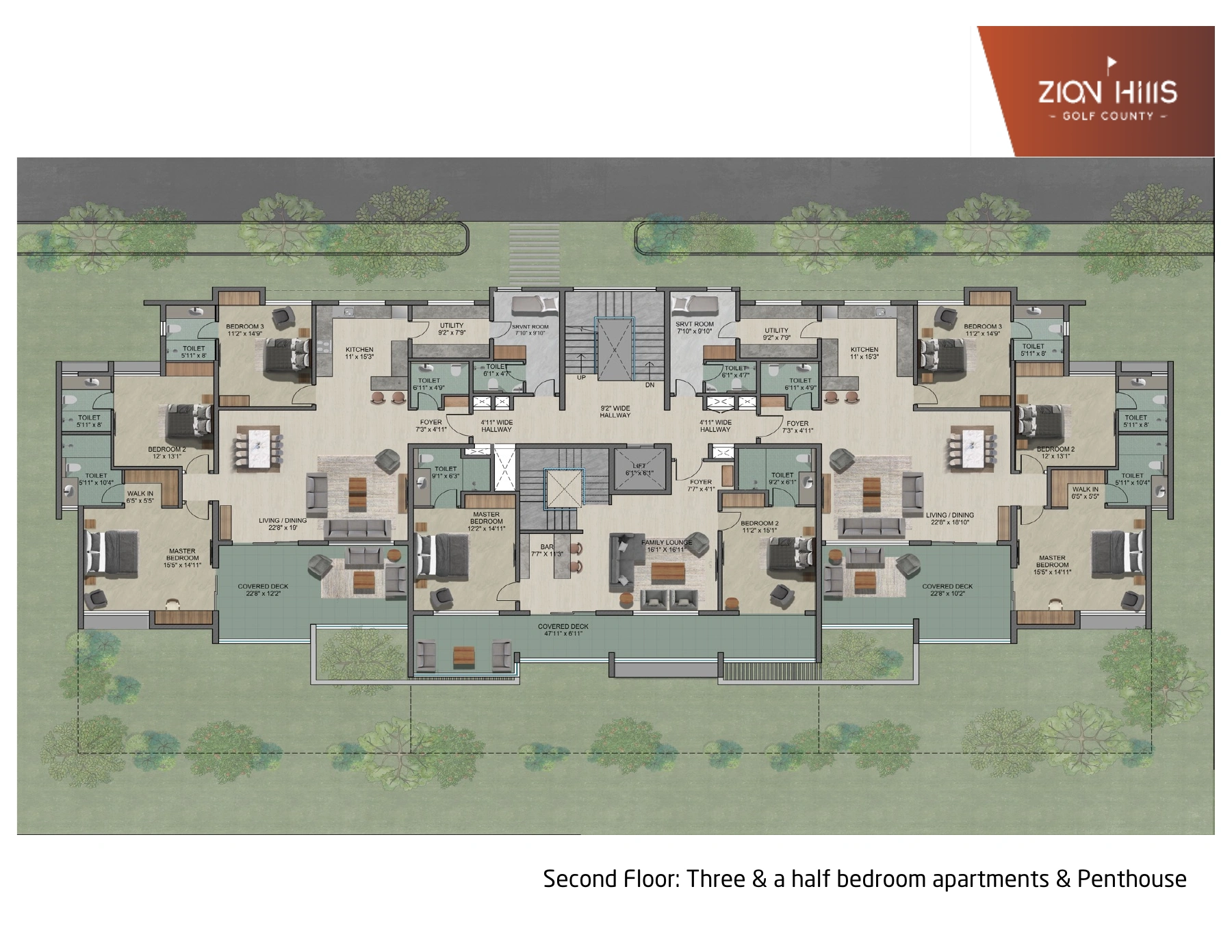 3.5BHK Duplex Penthouse, Second floor · lower level floor plan. The duplex occupies the centre of this second-floor plan. Bedrooms, a family lounge and a covered deck connect around the internal stair. Area figures refer to the entire duplex.