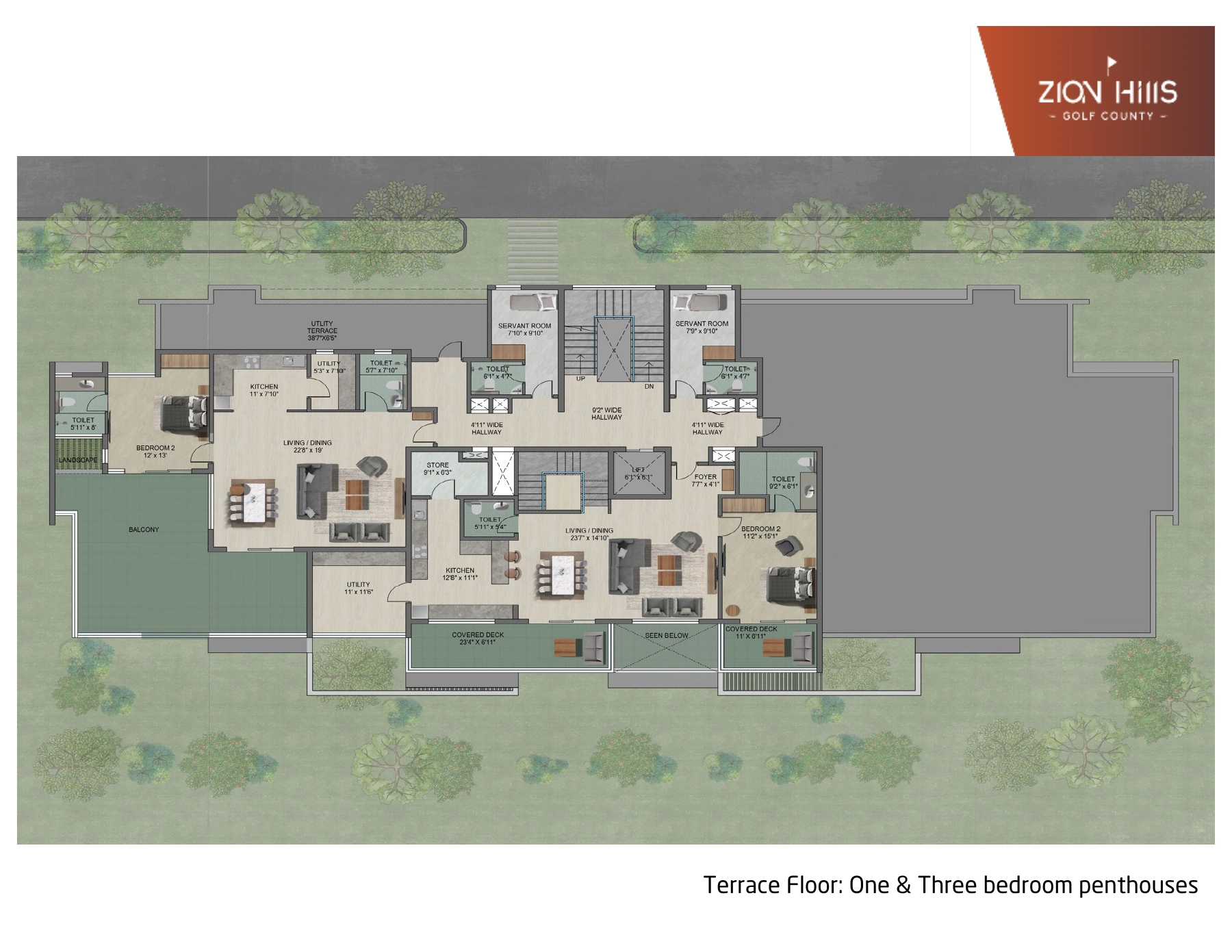 3.5BHK Duplex Penthouse, Third floor · upper level floor plan. The upper level is the centre apartment in this terrace-floor plan, with kitchen, living and dining, an additional bedroom and covered decks. Area figures refer to the entire duplex.