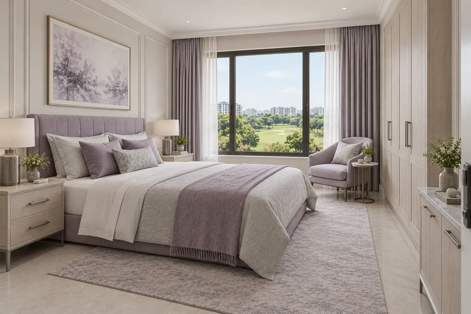 Modern Classic bedroom in the Lilac & Pewter palette, coordinated with the main living-space view