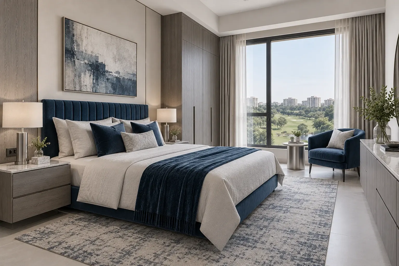 Modern Luxury bedroom in the Sapphire & Silver palette, coordinated with the main living-space view