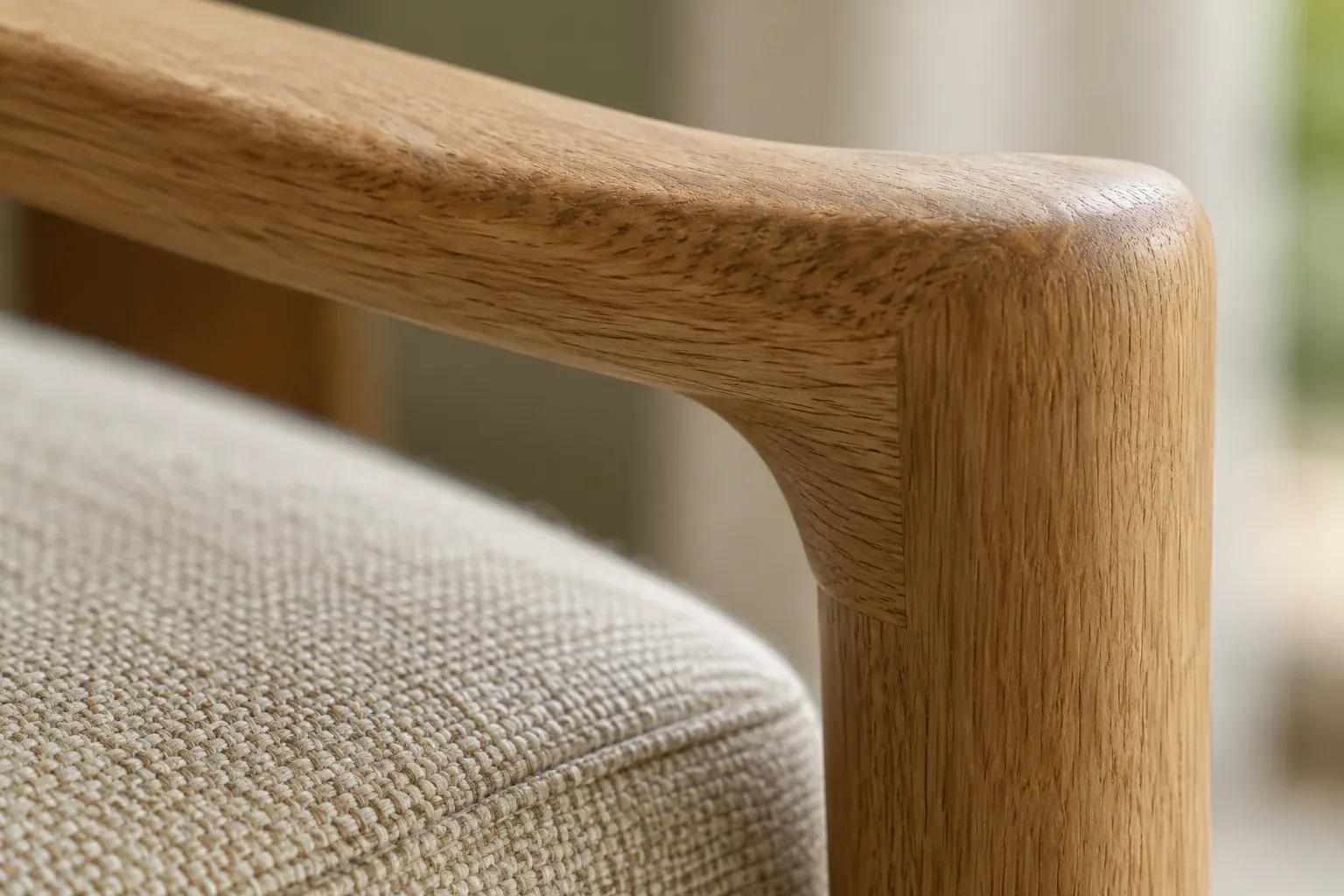 Oak furniture joinery and neatly finished woven upholstery