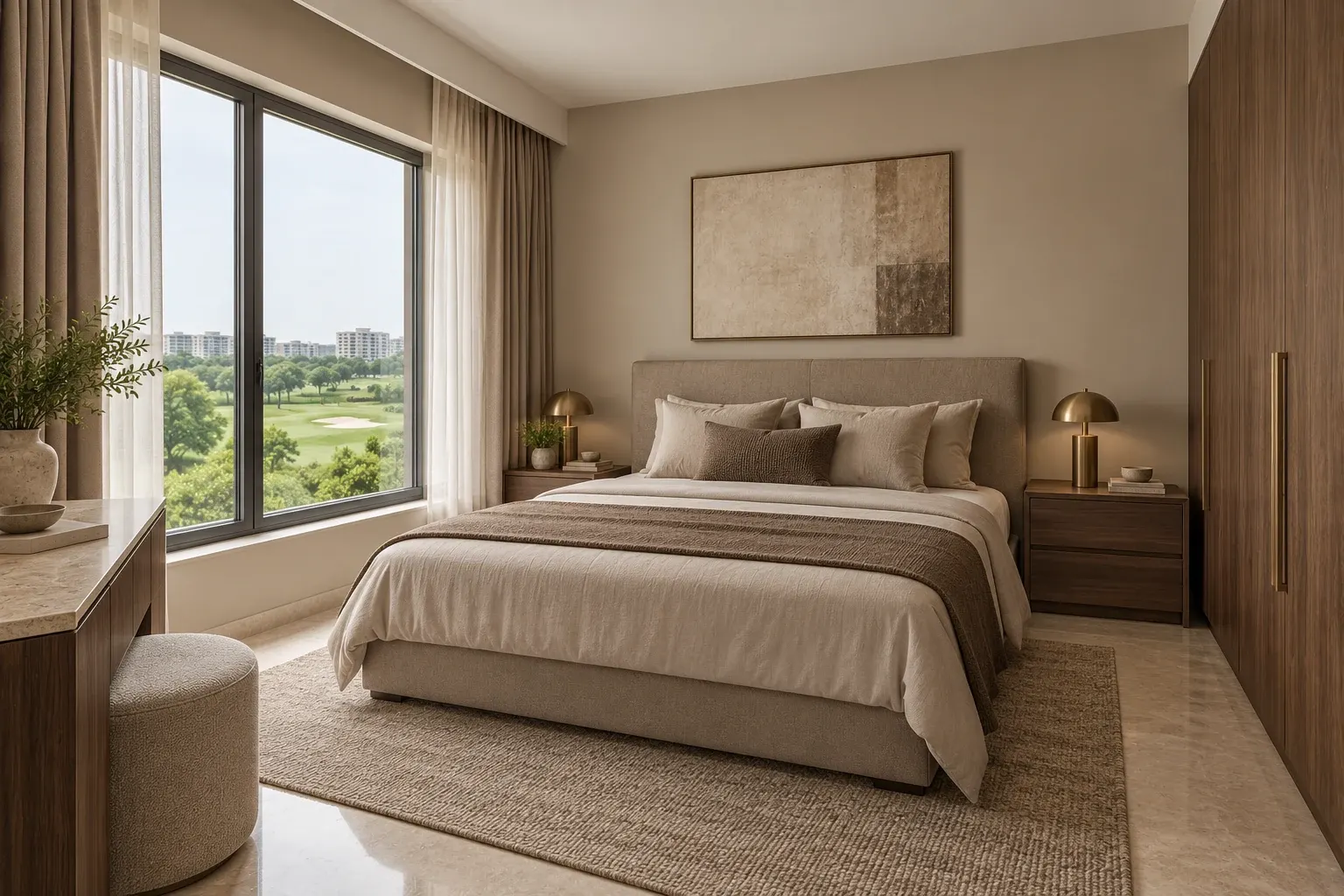 Modern Luxury bedroom in the Mocha & Stone palette, coordinated with the main living-space view
