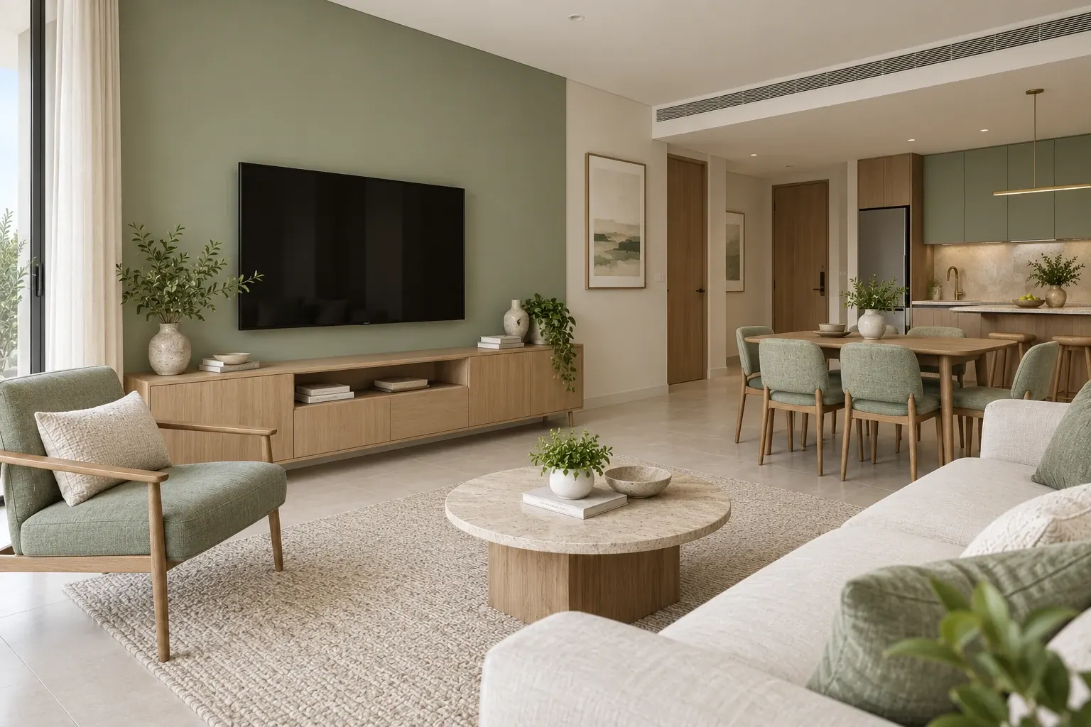 Modern Contemporary living-room TV wall in the Sage & Oak palette, coordinated with the main living-space view