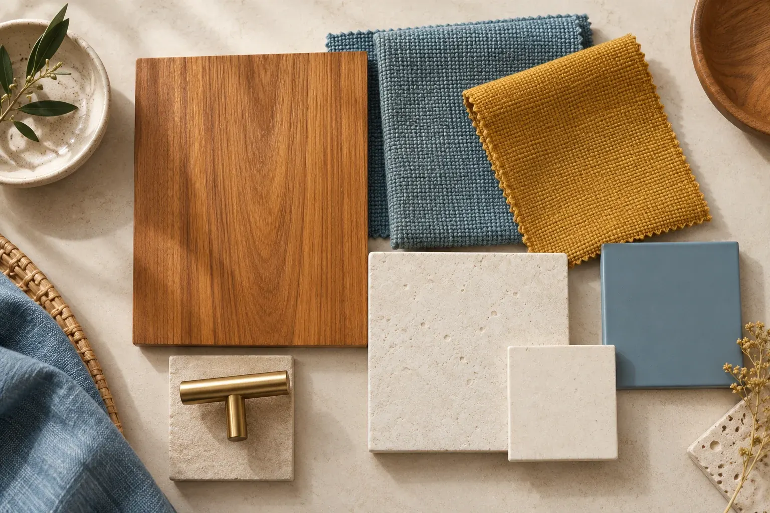 Blue & Honey moodboard showing coordinated timber, fabric, stone and finish samples