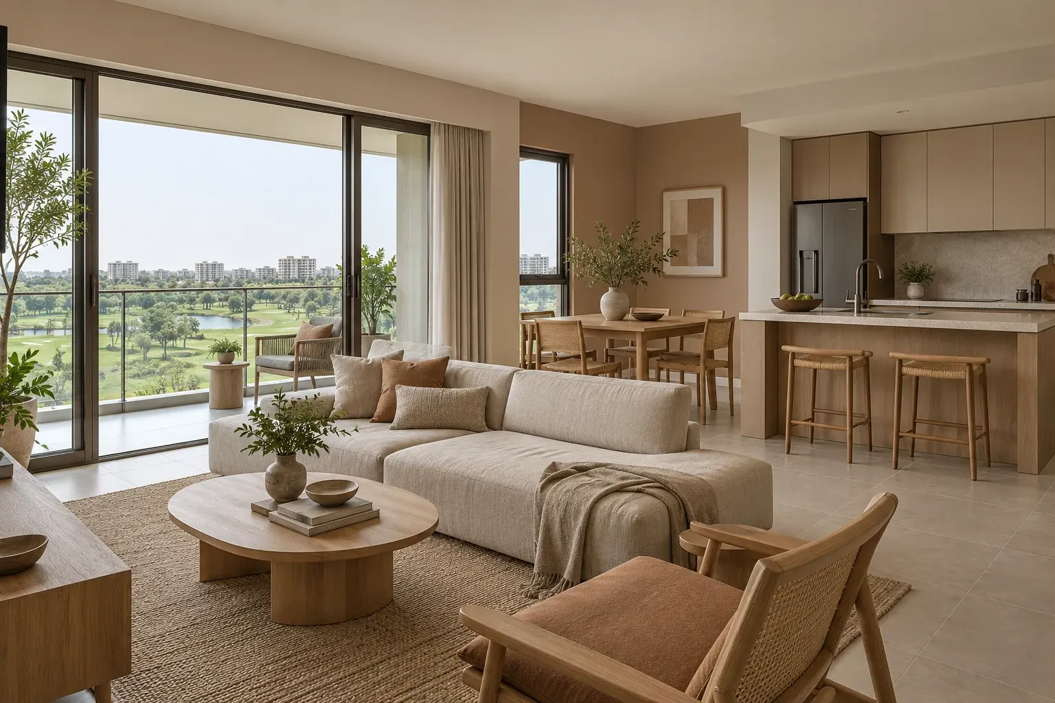Clay & Linen palette illustrated across a Japandi living, dining and kitchen interior