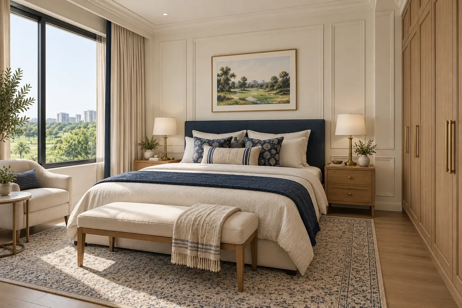 Modern Classic bedroom in the Butter & Navy palette, coordinated with the main living-space view