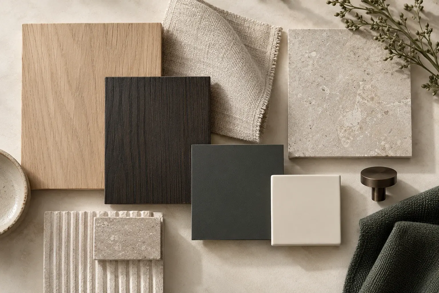Chalk & Charcoal moodboard showing coordinated timber, fabric, stone and finish samples