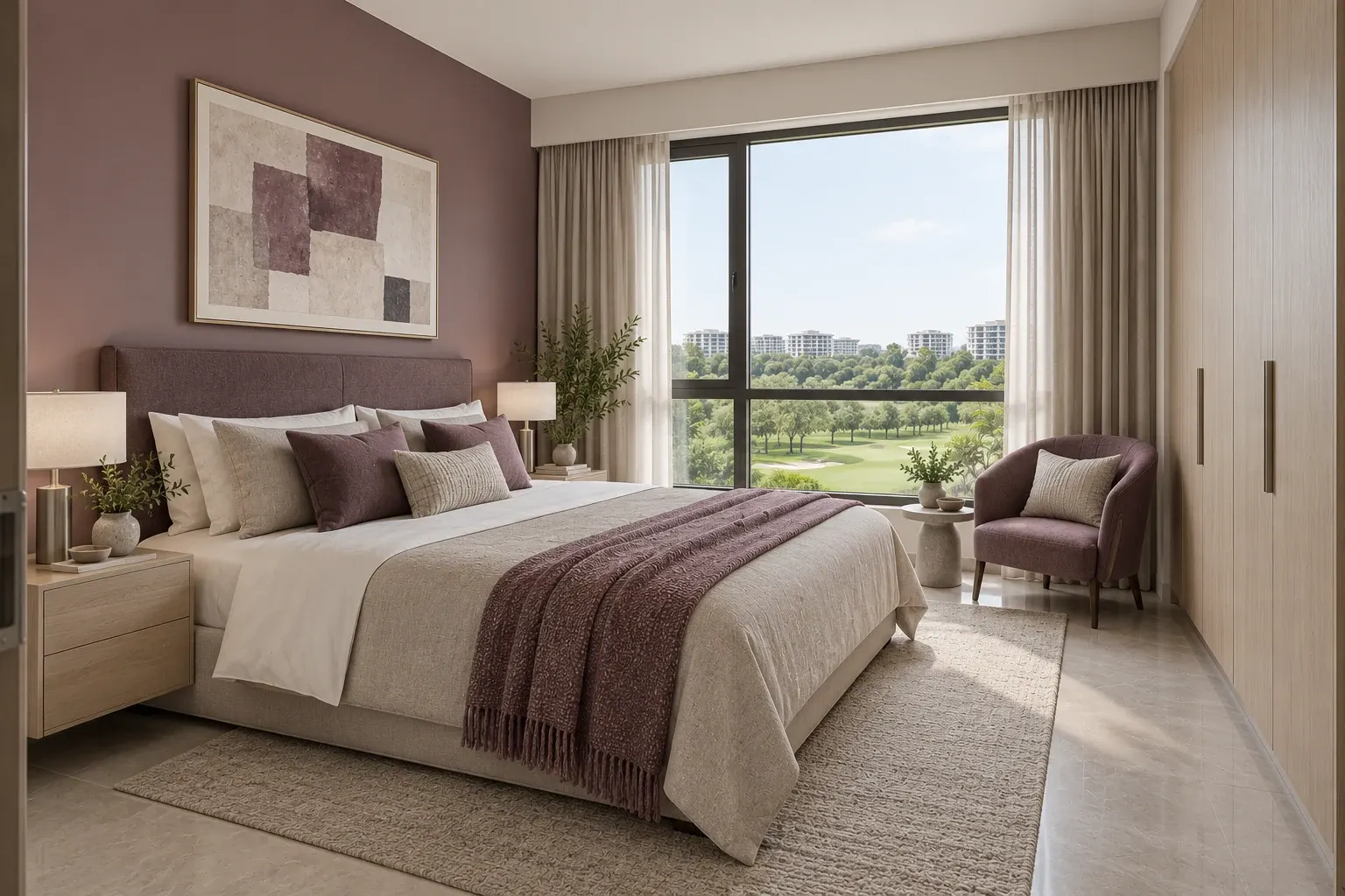 Modern Contemporary bedroom in the Plum & Putty palette, coordinated with the main living-space view