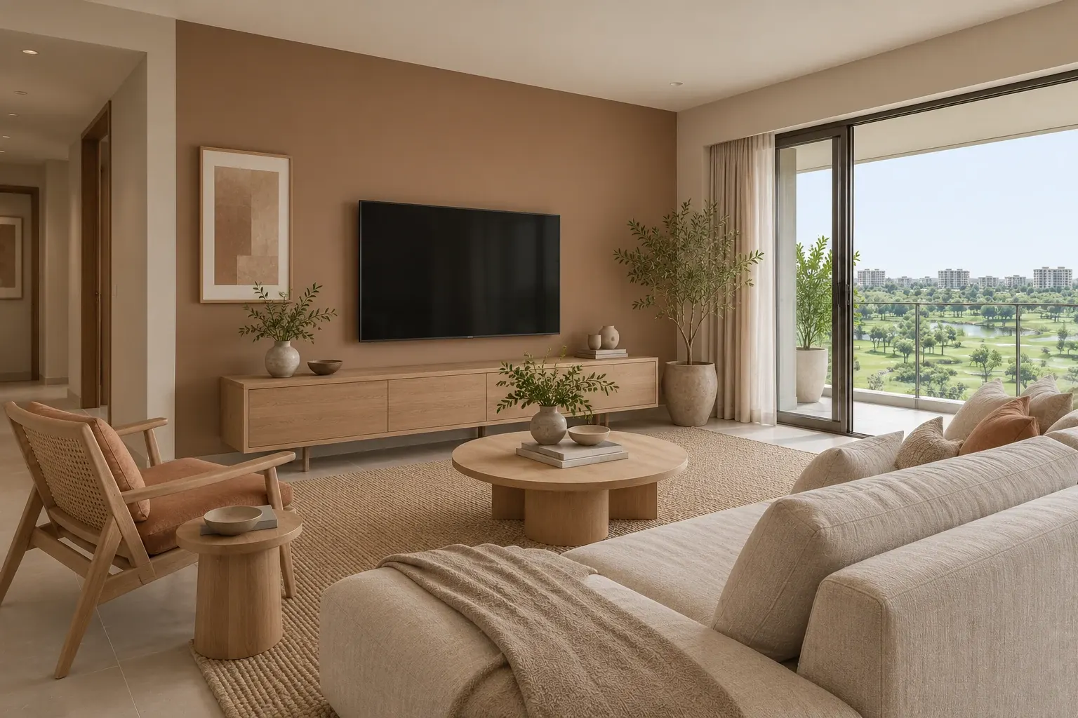 Japandi living-room TV wall in the Clay & Linen palette, coordinated with the main living-space view