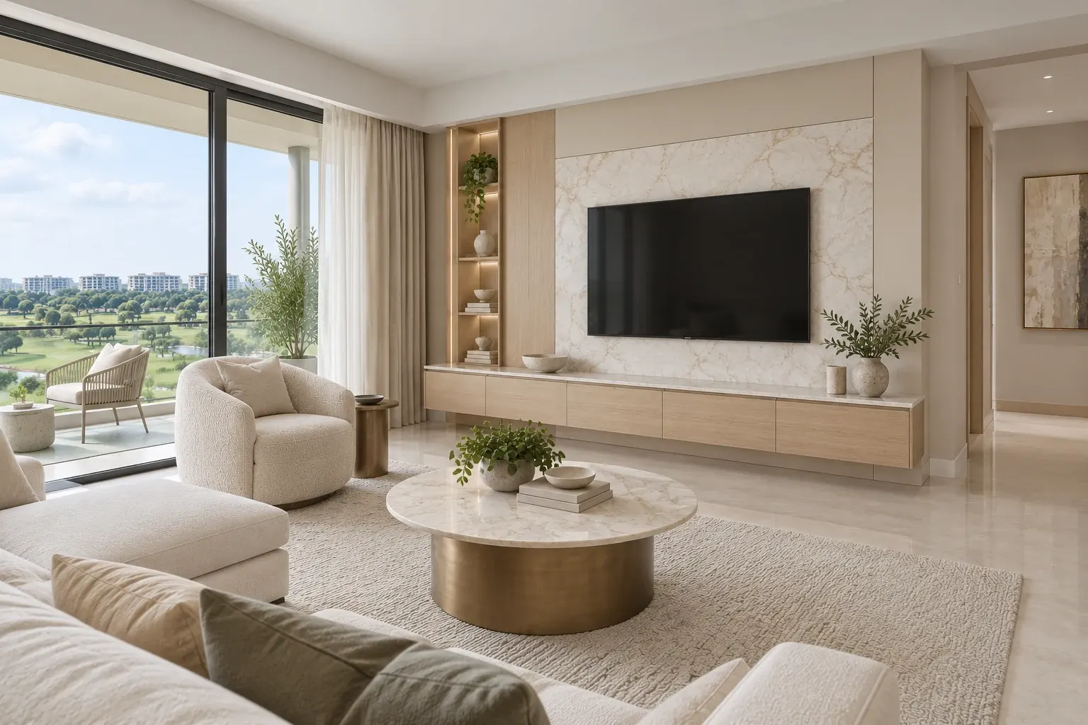 Modern Luxury living-room TV wall in the Pearl & Champagne palette, coordinated with the main living-space view
