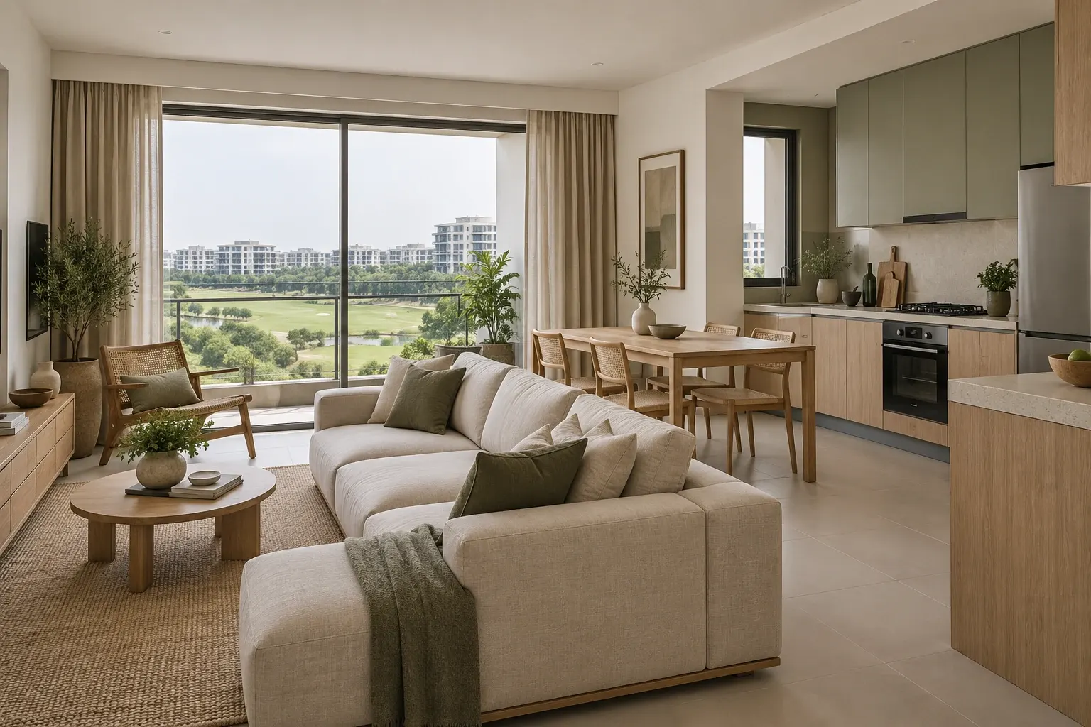 Natural Oak palette illustrated across a Japandi living, dining and kitchen interior