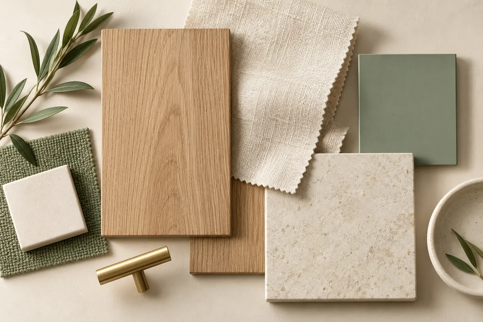 Sage & Oak moodboard showing coordinated timber, fabric, stone and finish samples
