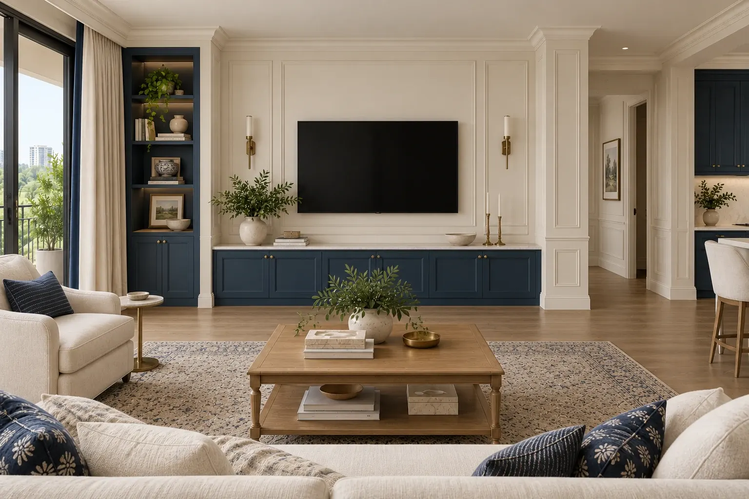 Modern Classic living-room TV wall in the Butter & Navy palette, coordinated with the main living-space view