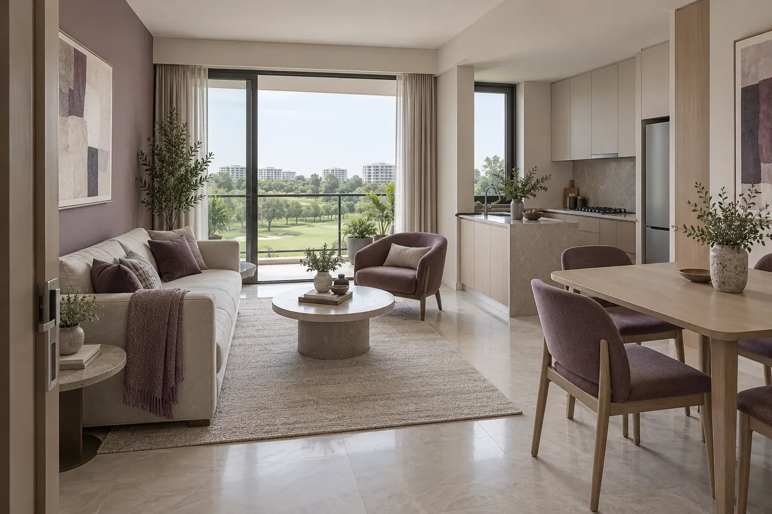 Plum & Putty palette illustrated across a Modern Contemporary living, dining and kitchen interior