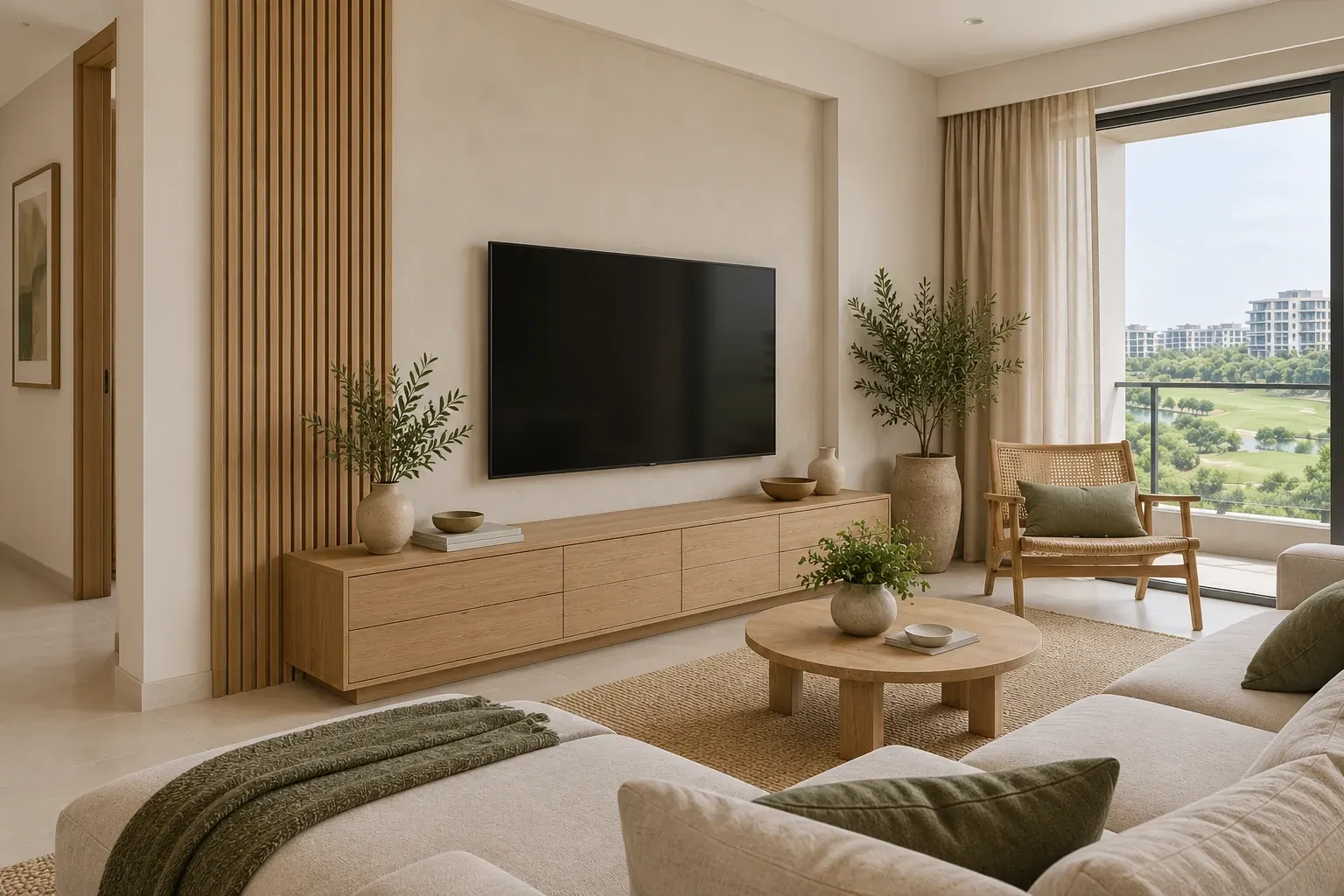 Japandi TV wall with low oak storage, natural textures and restrained detailing