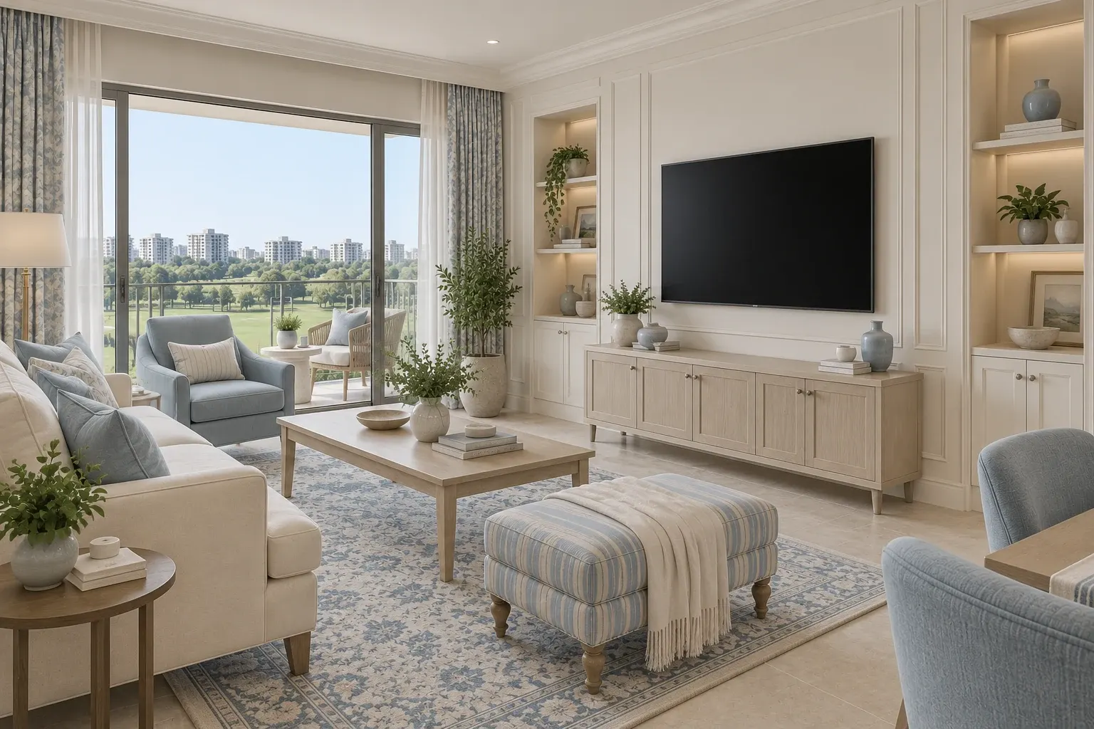 Modern Classic living-room TV wall in the Cream & Powder Blue palette, coordinated with the main living-space view