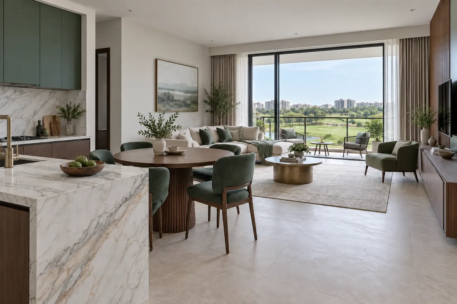 Forest & Brass palette illustrated across a Modern Luxury living, dining and kitchen interior