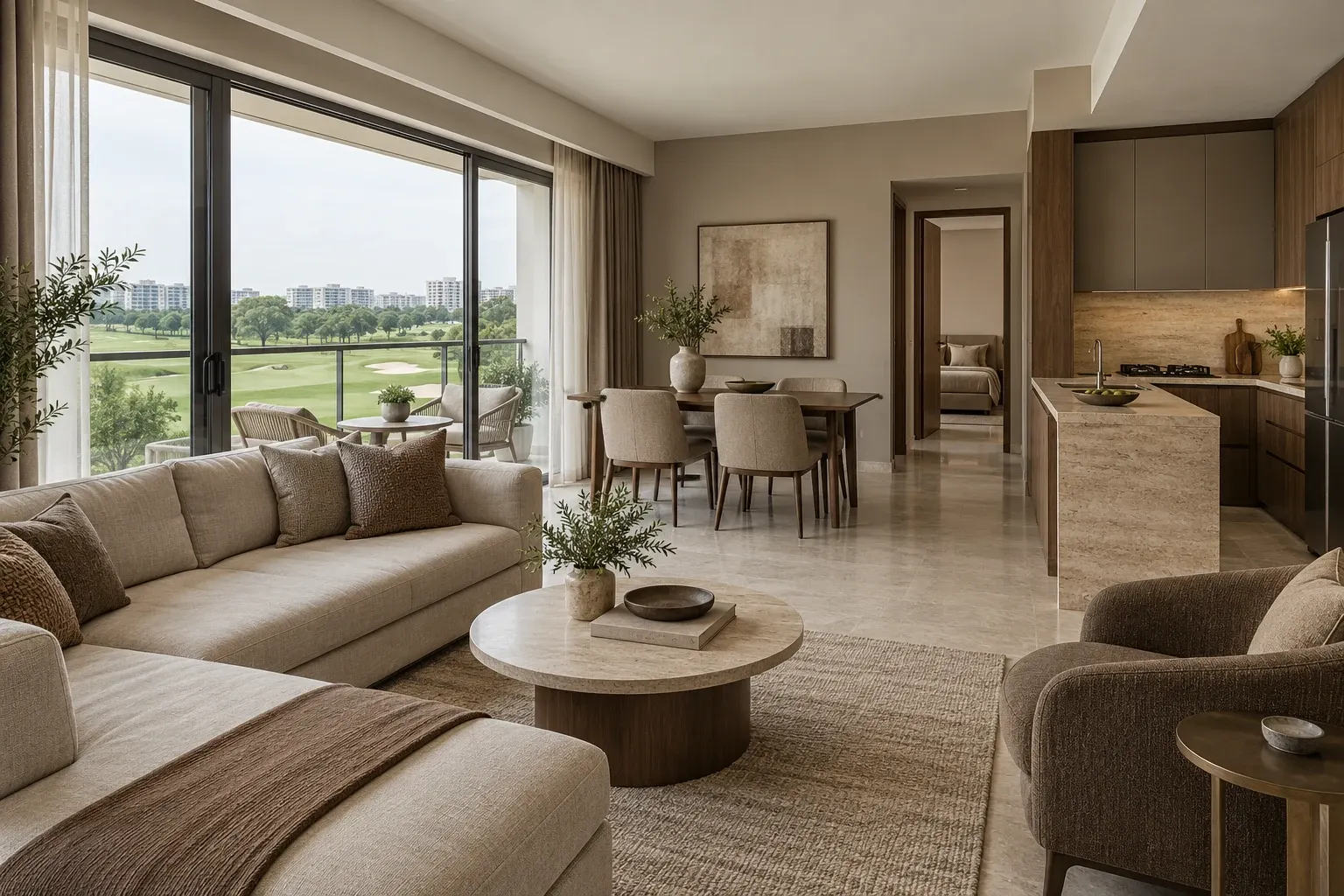Mocha & Stone palette illustrated across a Modern Luxury living, dining and kitchen interior