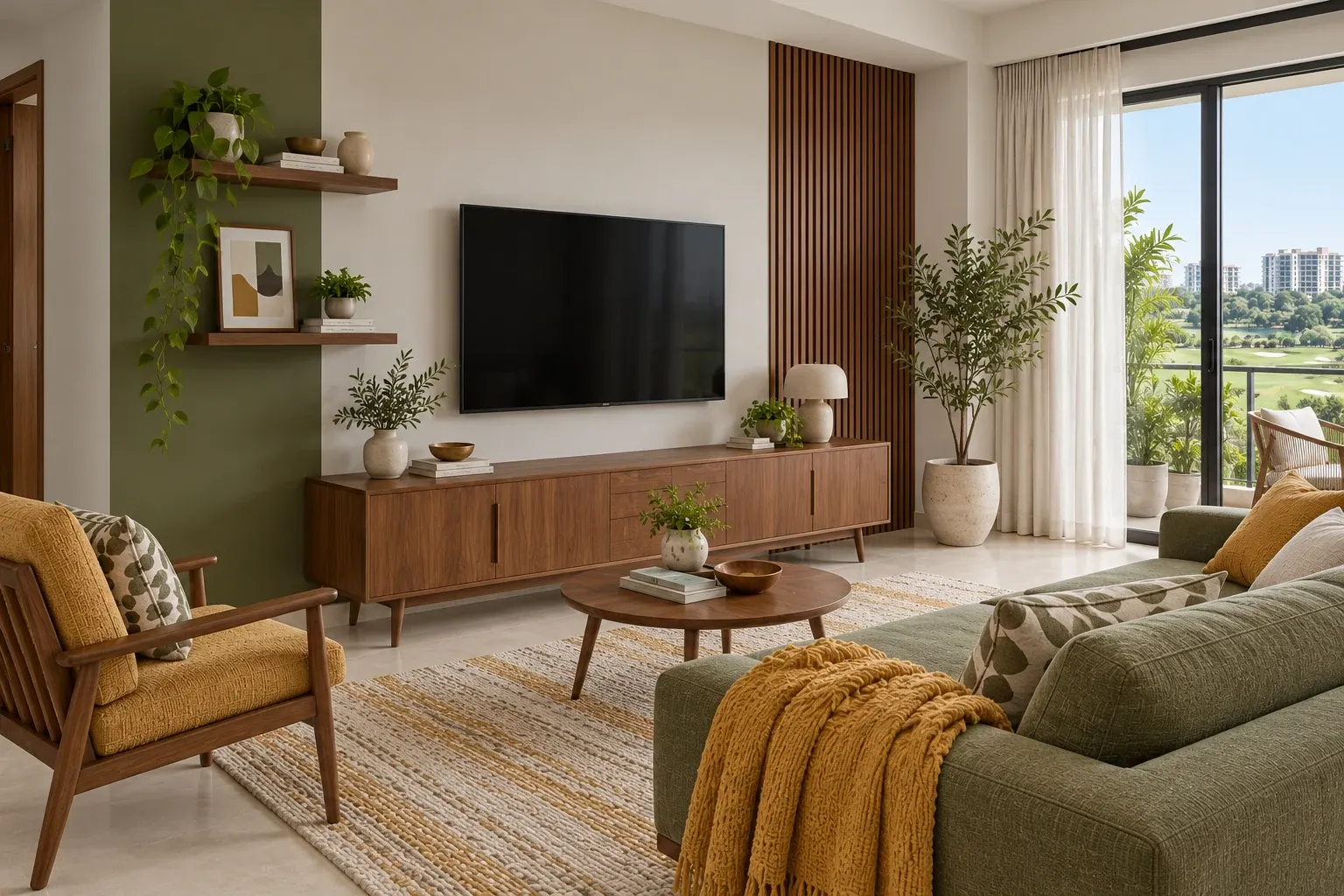 Mid-Century Modern TV wall with a low walnut sideboard, tapered legs and olive accents