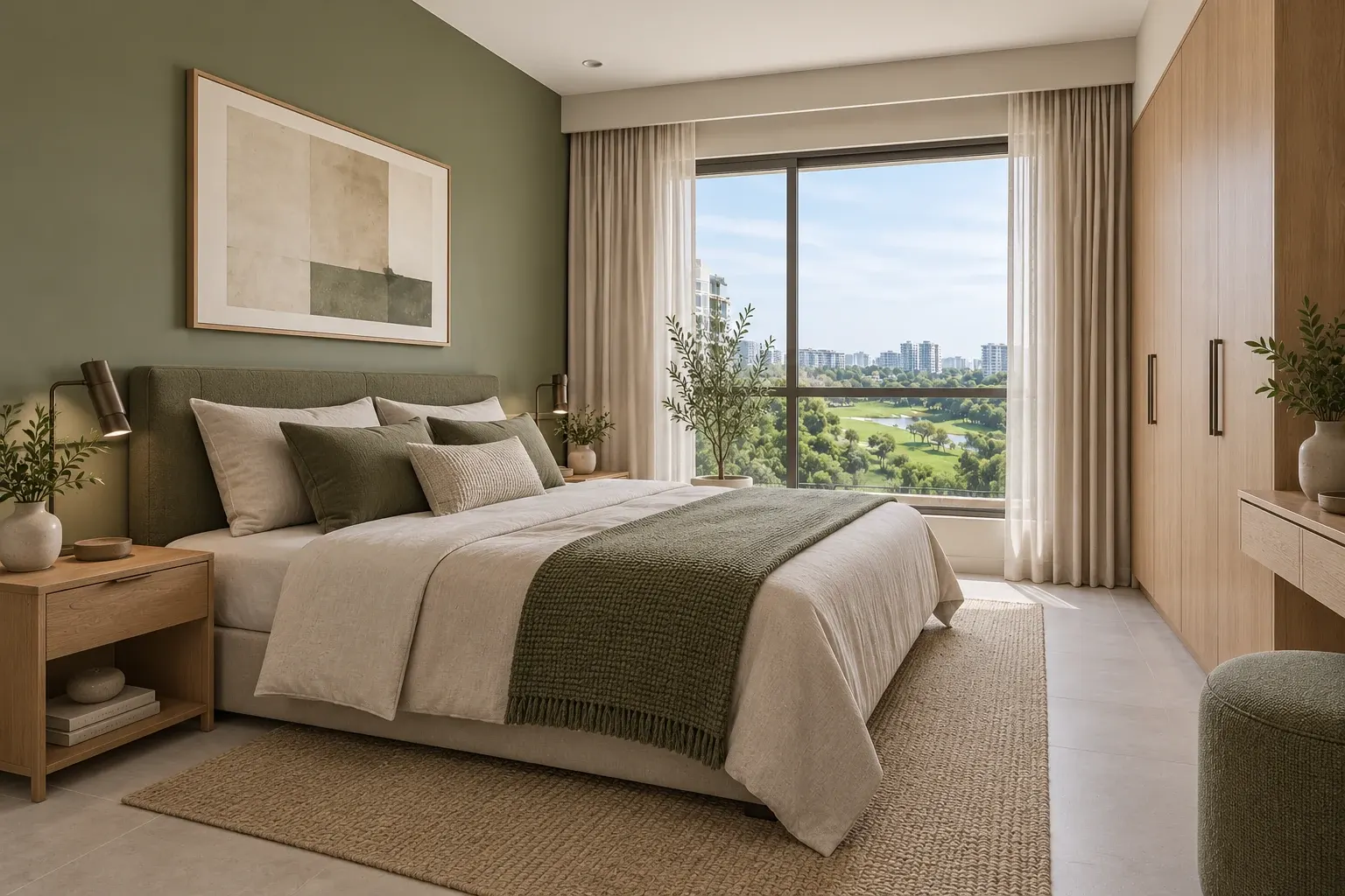 Japandi bedroom in the Moss & Timber palette, coordinated with the main living-space view