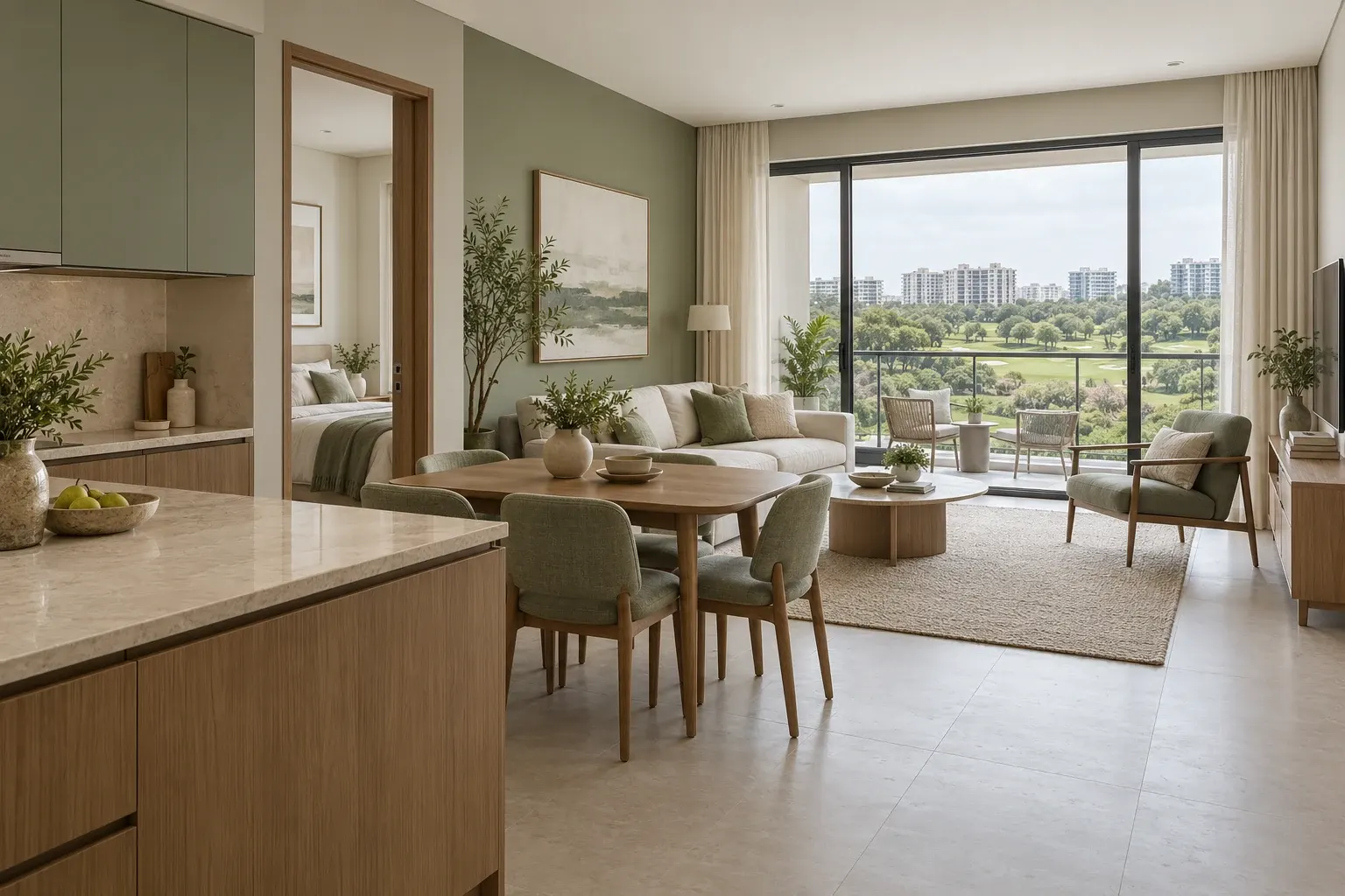 Sage & Oak palette illustrated across a Modern Contemporary living, dining and kitchen interior