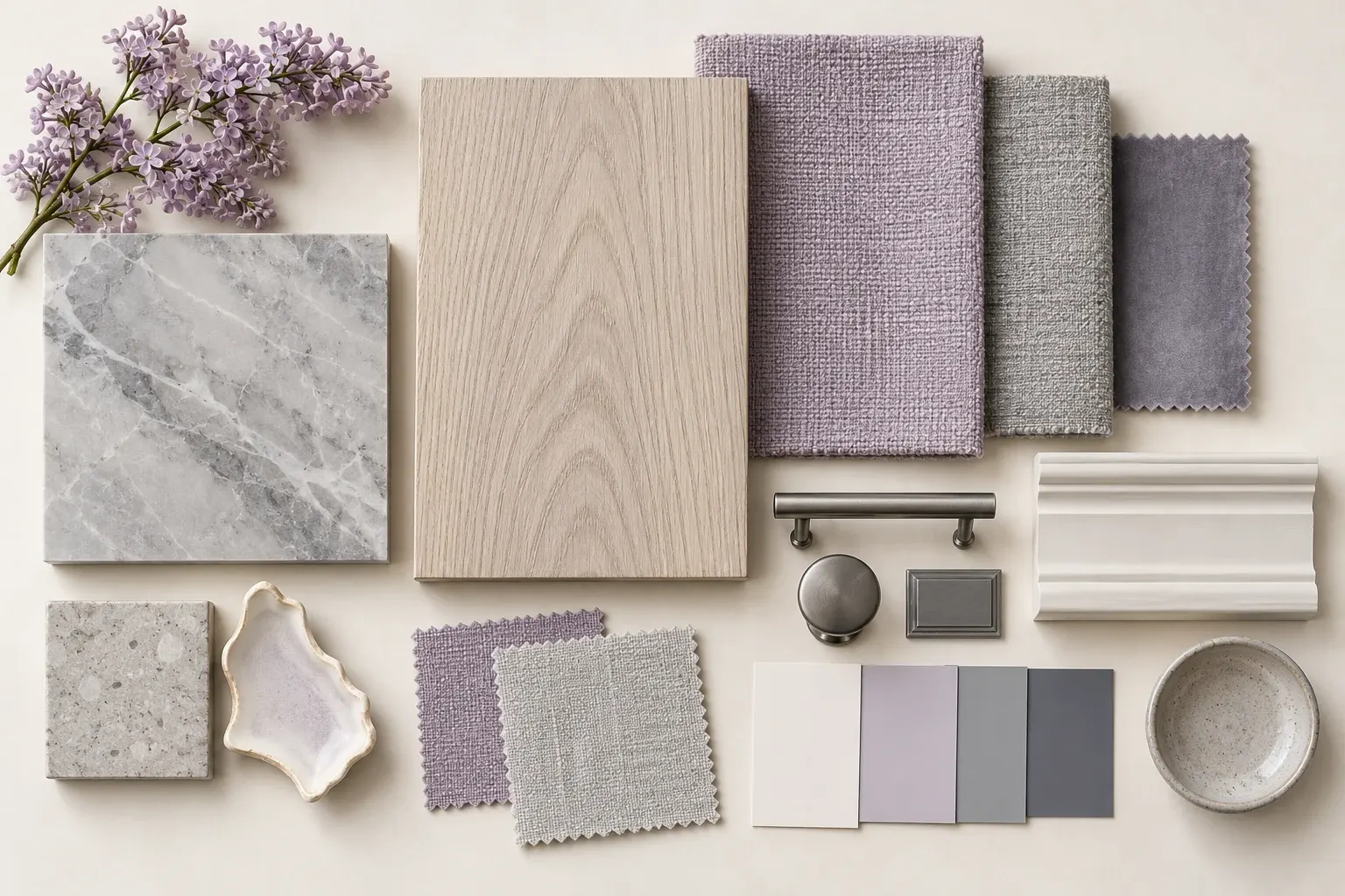 Lilac & Pewter moodboard showing coordinated timber, fabric, stone and finish samples