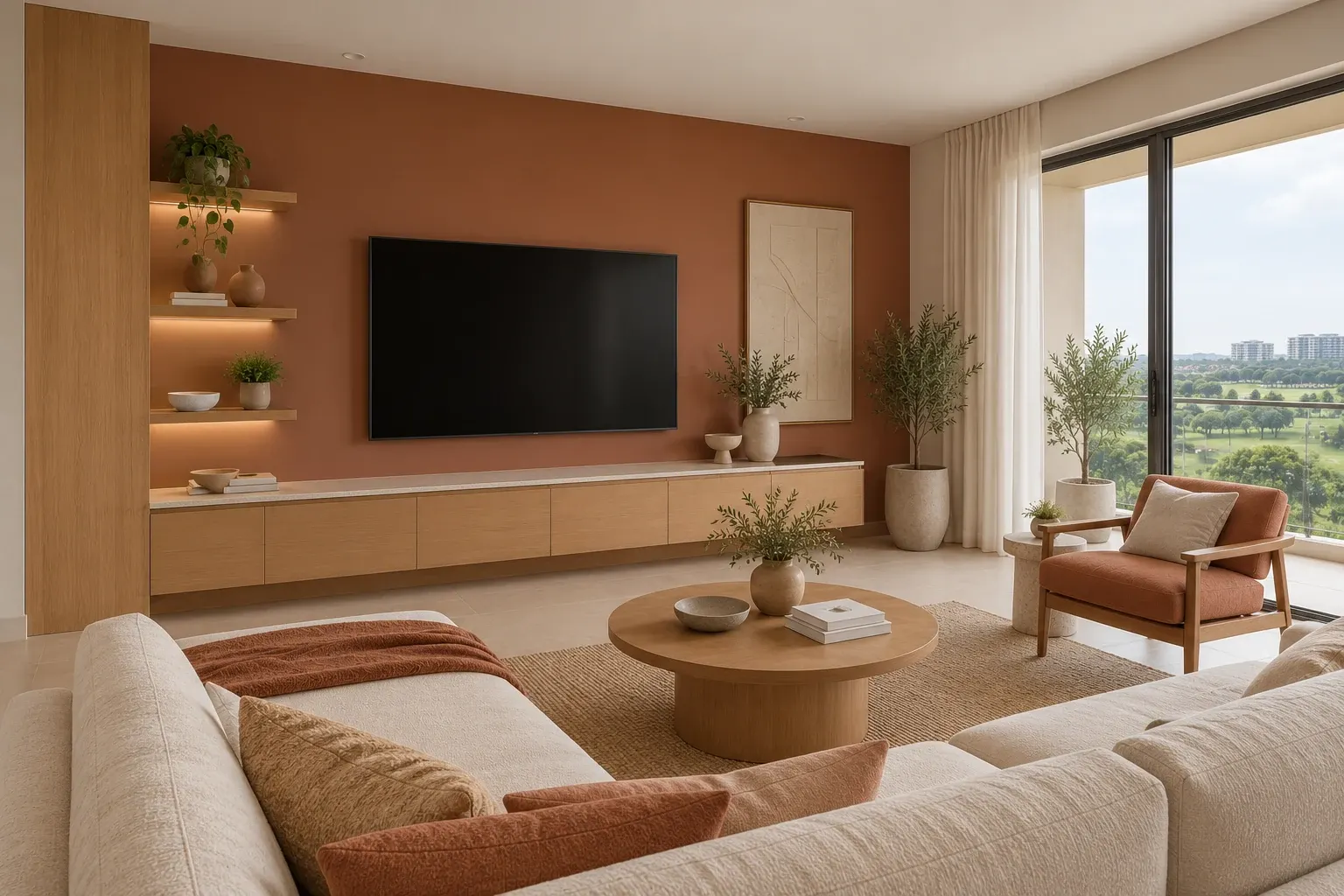 Modern Contemporary living-room TV wall in the Sand & Clay palette, coordinated with the main living-space view