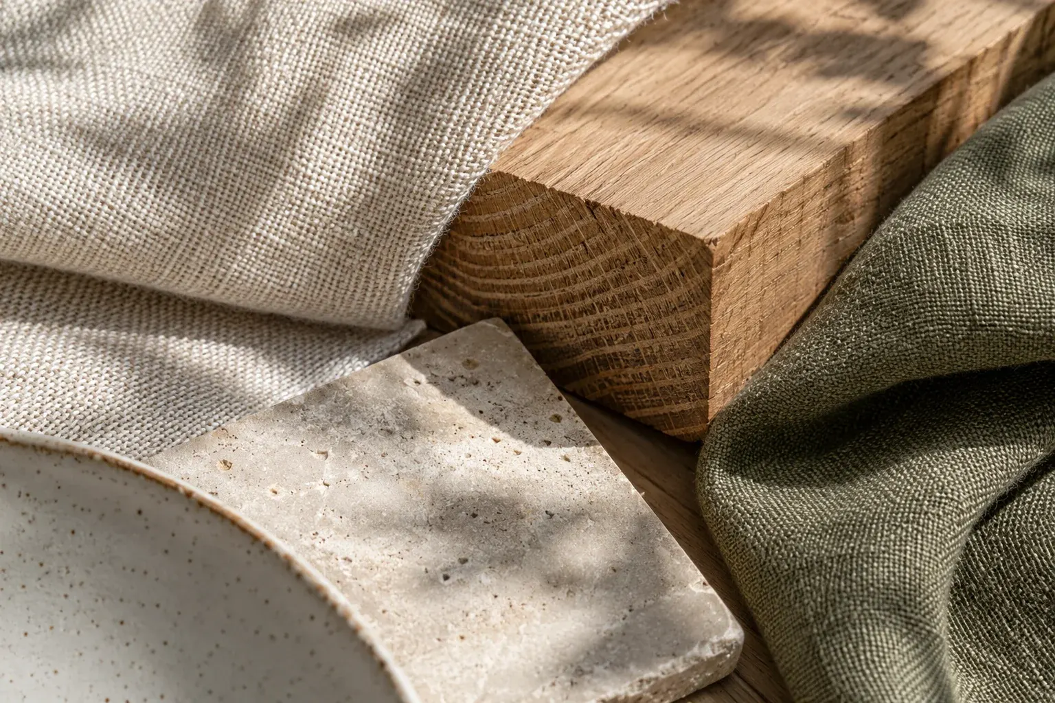 Close-up of oak, linen, olive fabric and tactile stone samples