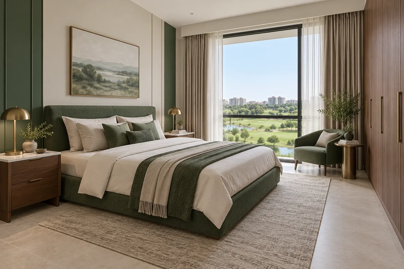 Modern Luxury bedroom in the Forest & Brass palette, coordinated with the main living-space view