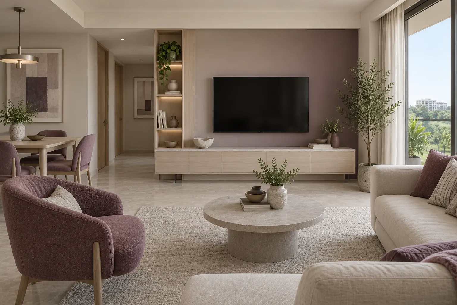 Modern Contemporary living-room TV wall in the Plum & Putty palette, coordinated with the main living-space view
