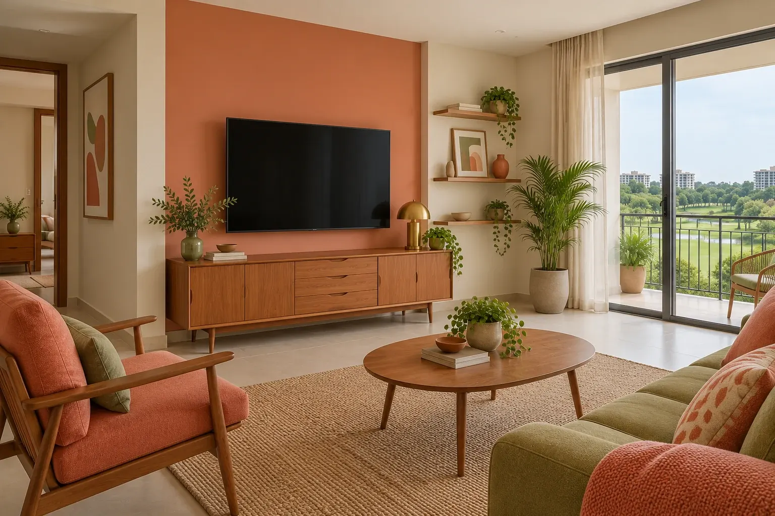 Mid-Century Modern living-room TV wall in the Avocado & Coral palette, coordinated with the main living-space view