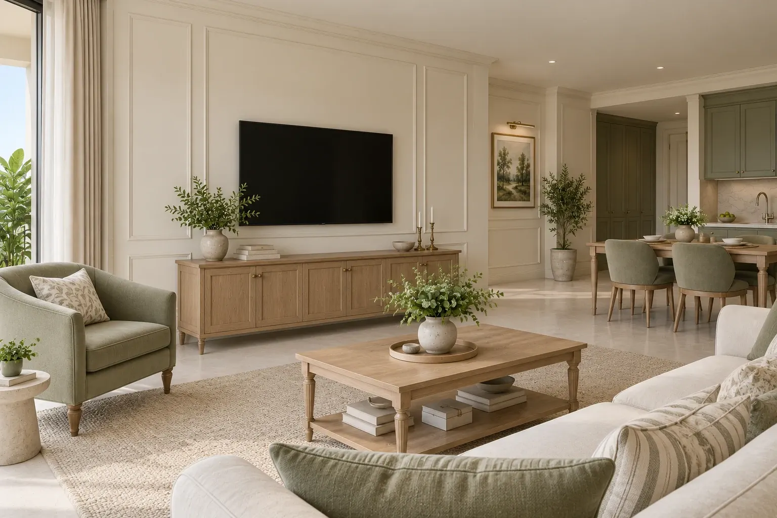 Modern Classic living-room TV wall in the Olive & Ivory palette, coordinated with the main living-space view