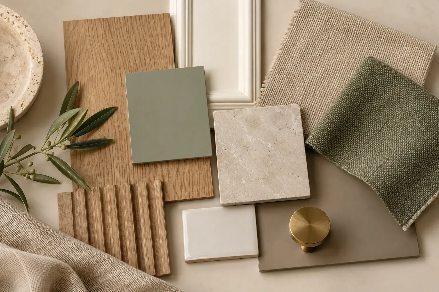 Ivory & Sage moodboard showing coordinated timber, fabric, stone and finish samples