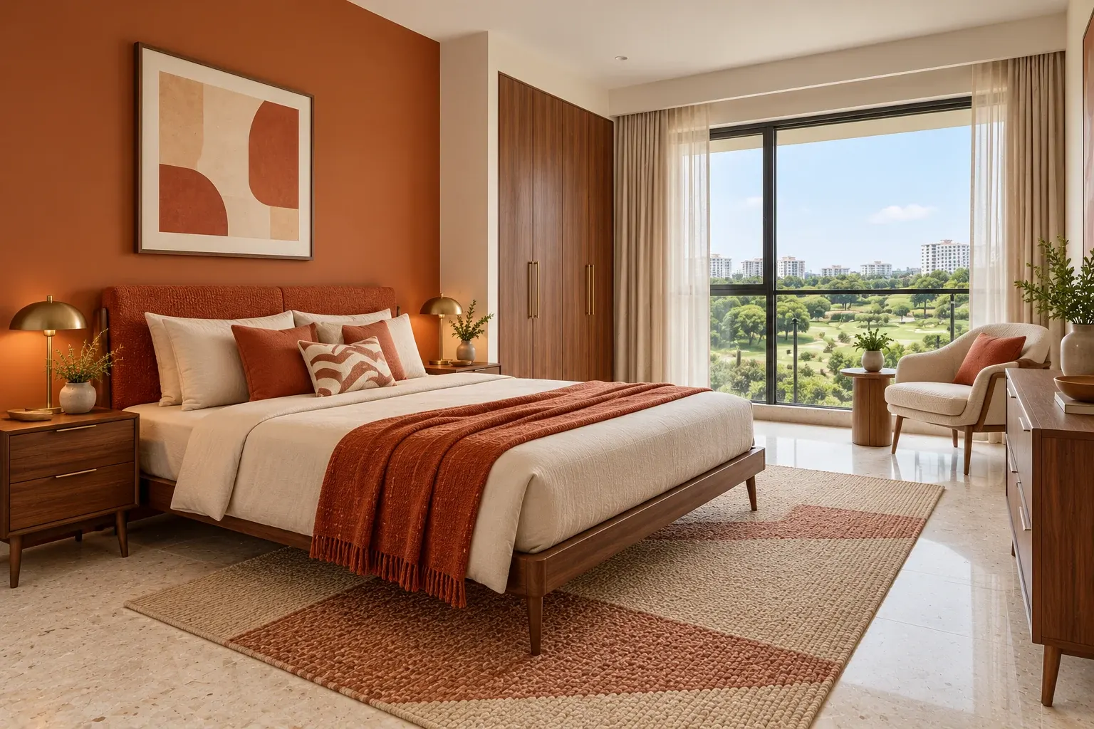 Mid-Century Modern bedroom in the Rust & Cream palette, coordinated with the main living-space view