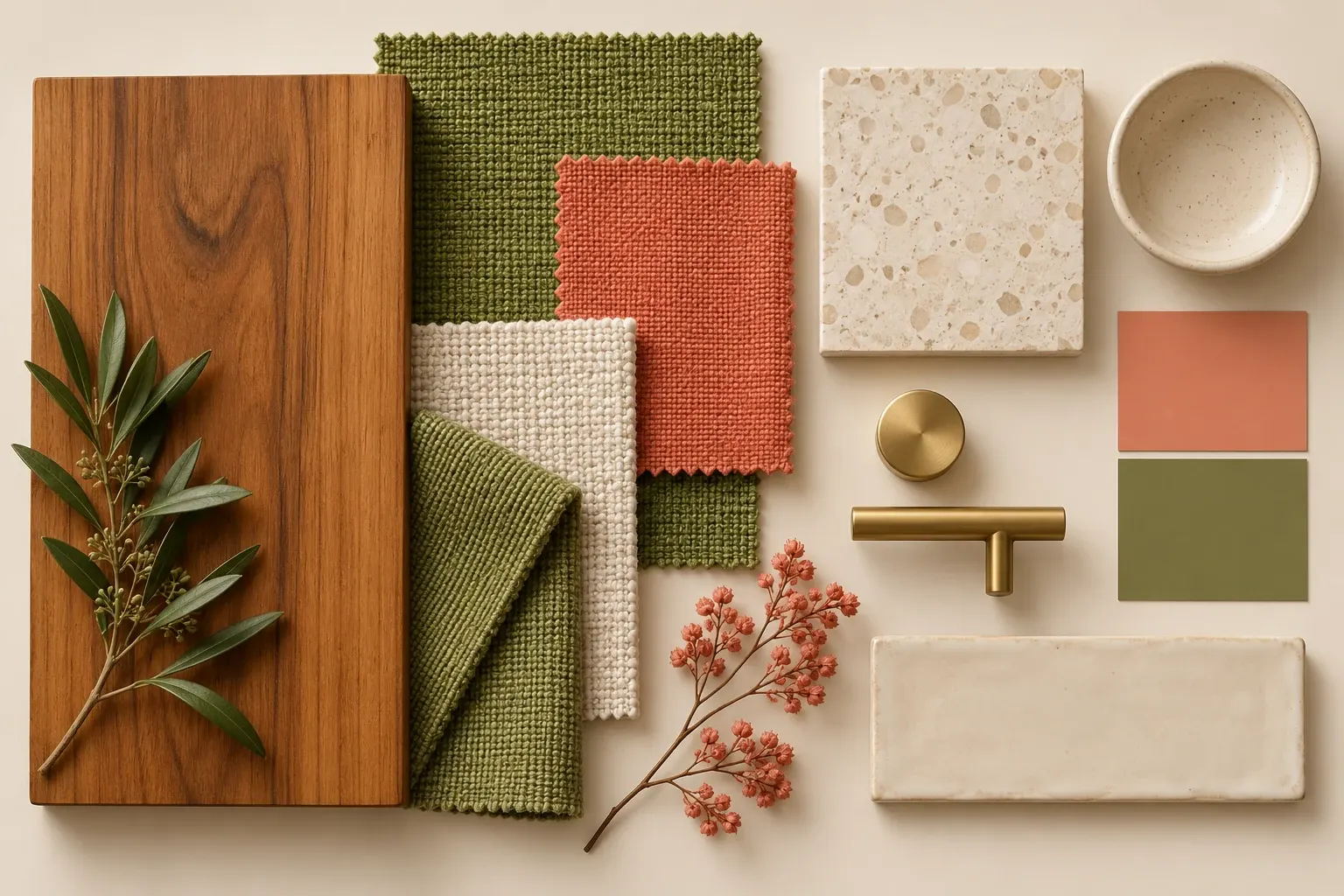 Avocado & Coral moodboard showing coordinated timber, fabric, stone and finish samples