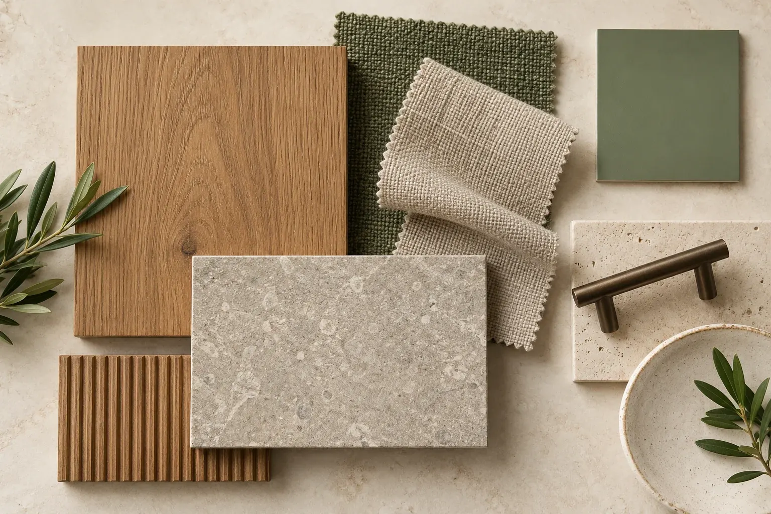 Moss & Timber moodboard showing coordinated timber, fabric, stone and finish samples