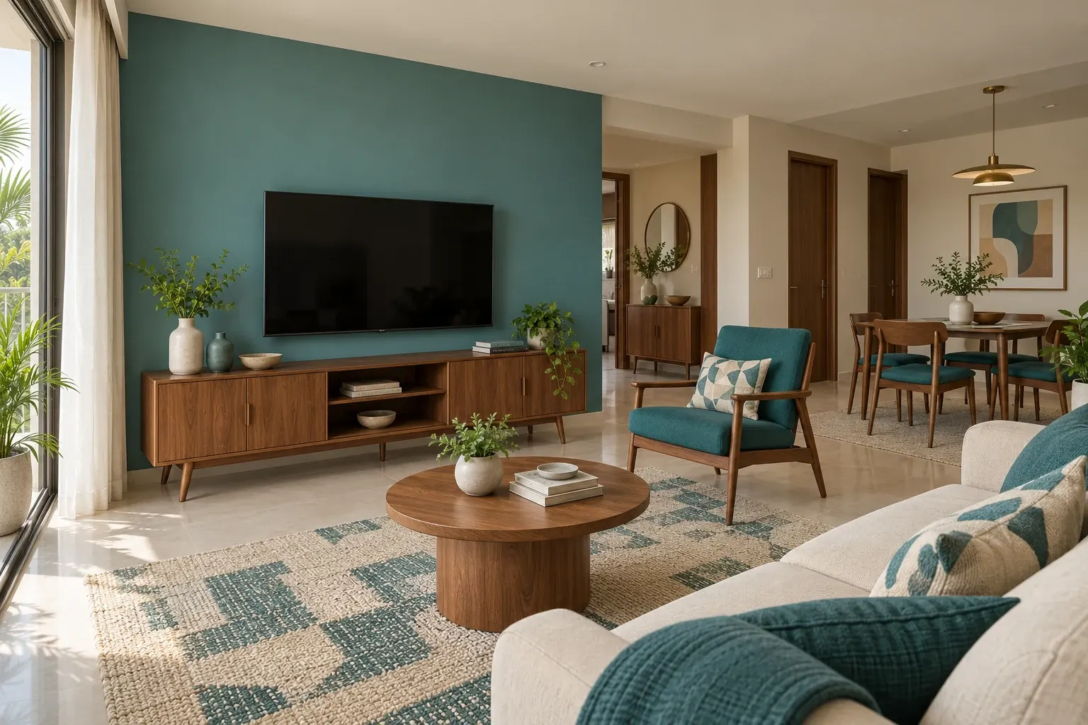 Mid-Century Modern living-room TV wall in the Teal & Walnut palette, coordinated with the main living-space view