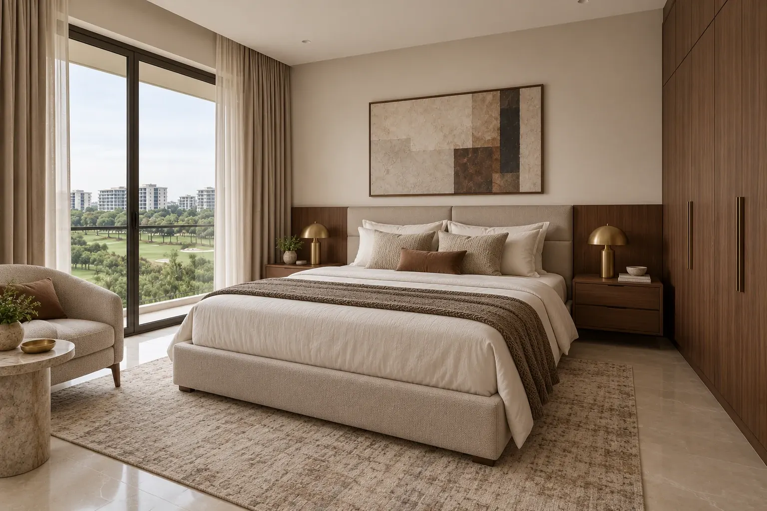 Modern Luxury bedroom with walnut joinery, ivory upholstery and subtle brass details
