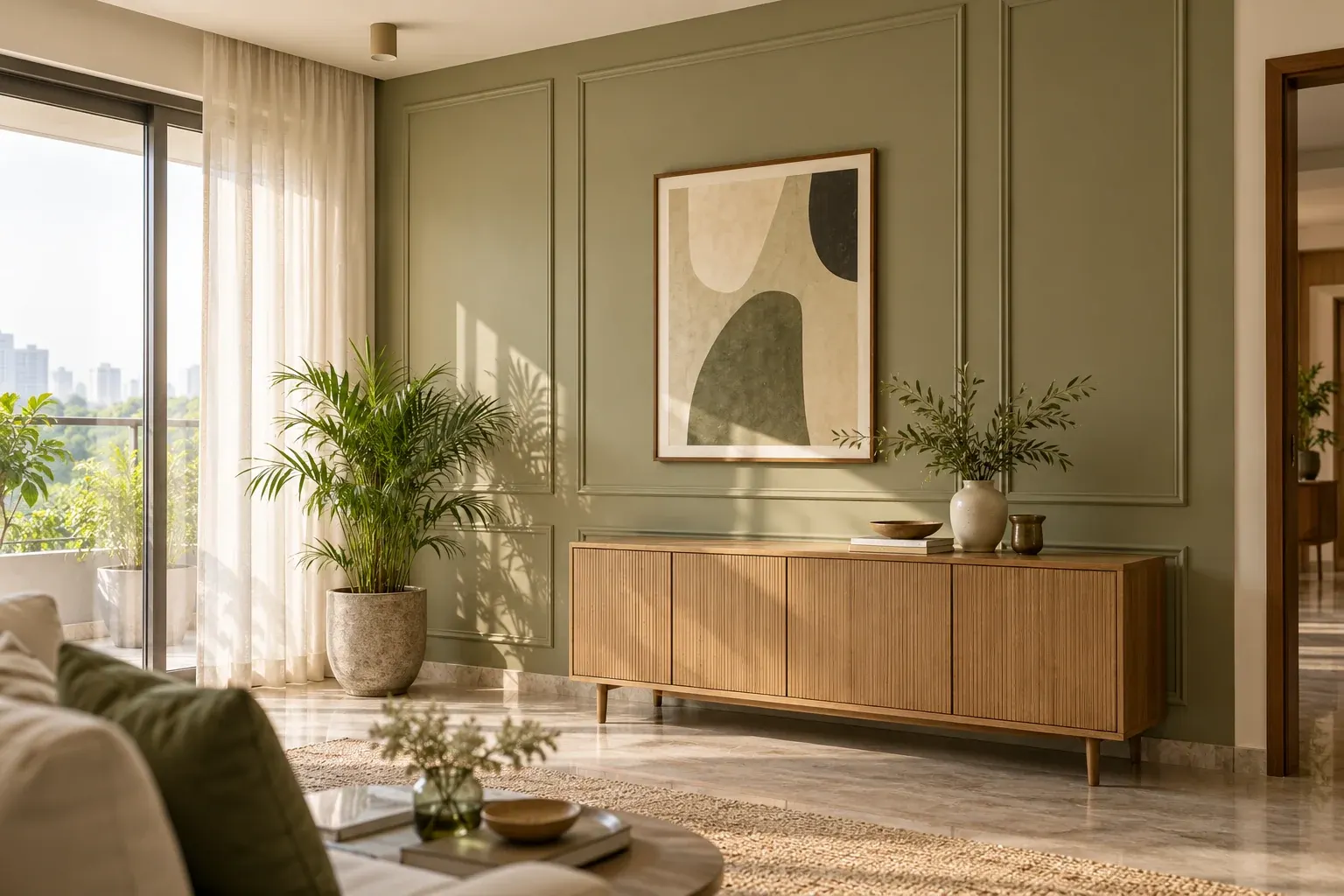 Pale olive accent wall with rectangular mouldings and a restrained artwork