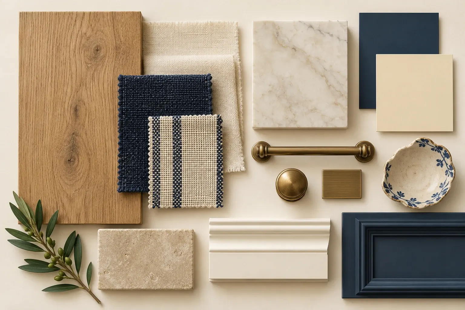 Butter & Navy moodboard showing coordinated timber, fabric, stone and finish samples