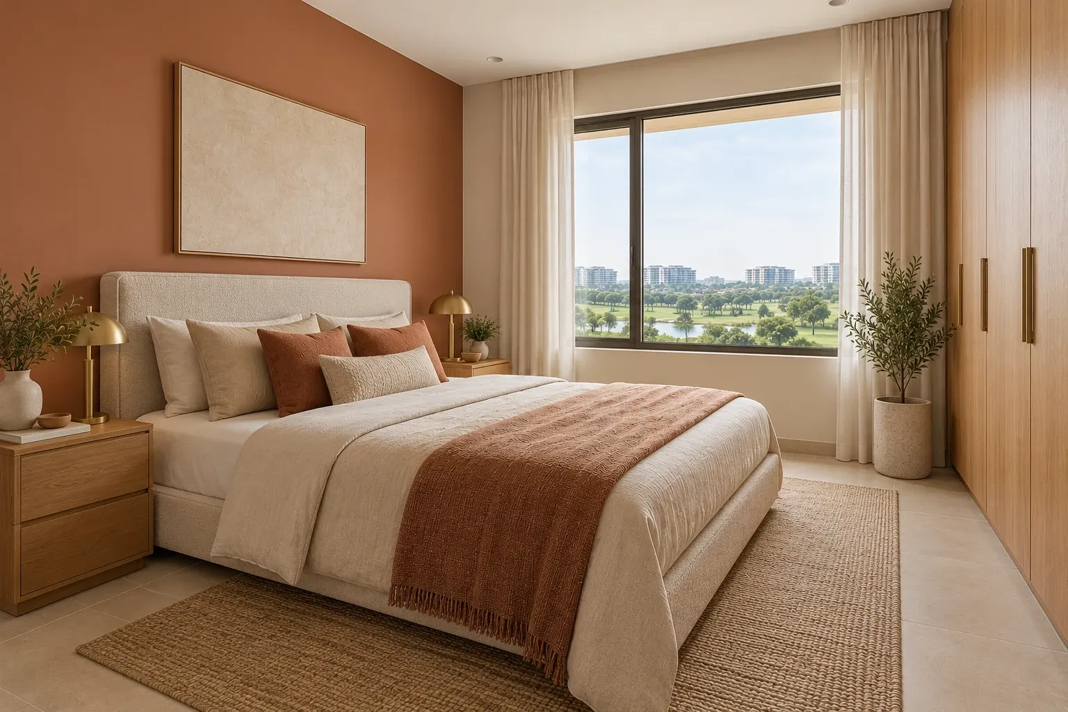 Modern Contemporary bedroom in the Sand & Clay palette, coordinated with the main living-space view