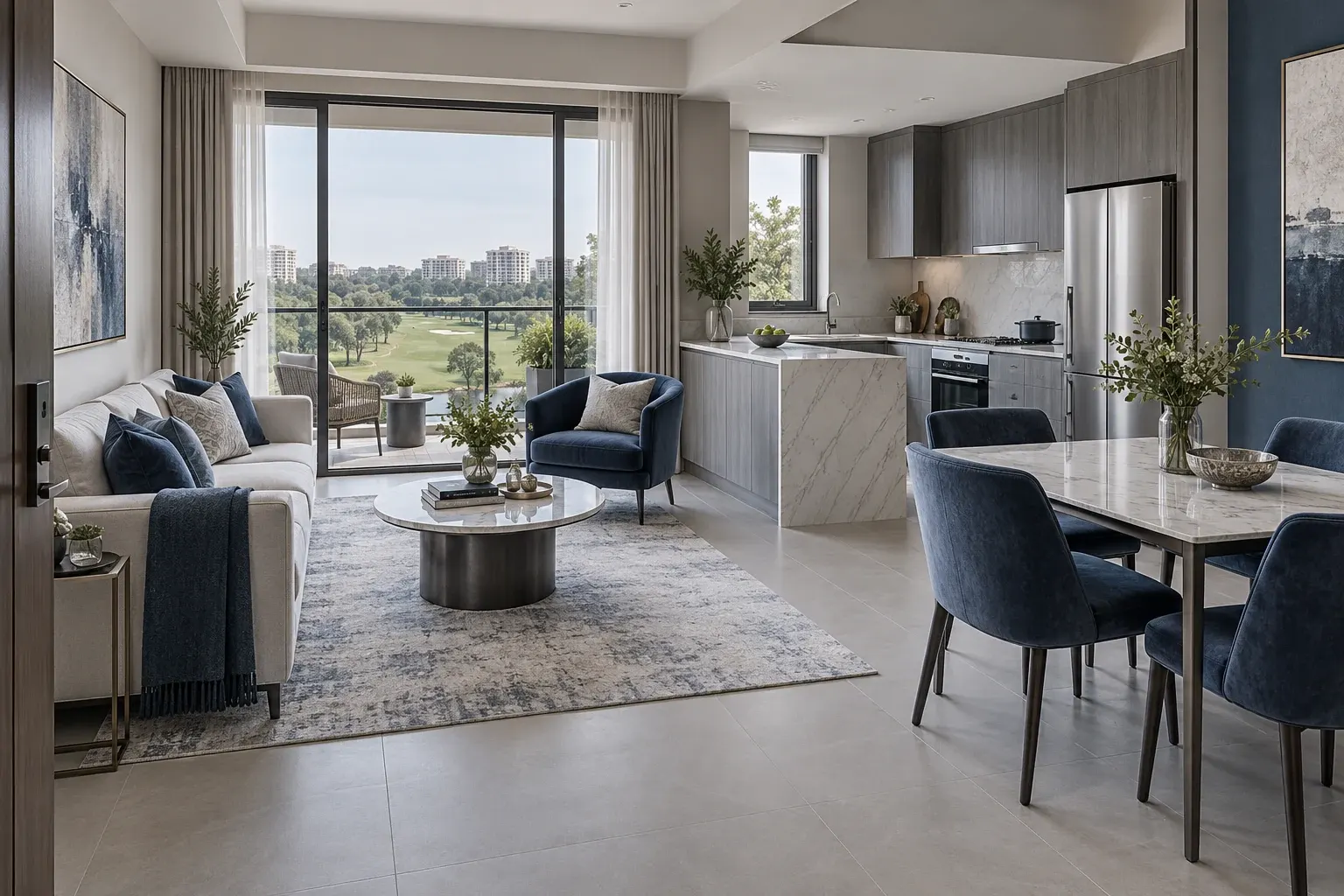 Sapphire & Silver palette illustrated across a Modern Luxury living, dining and kitchen interior