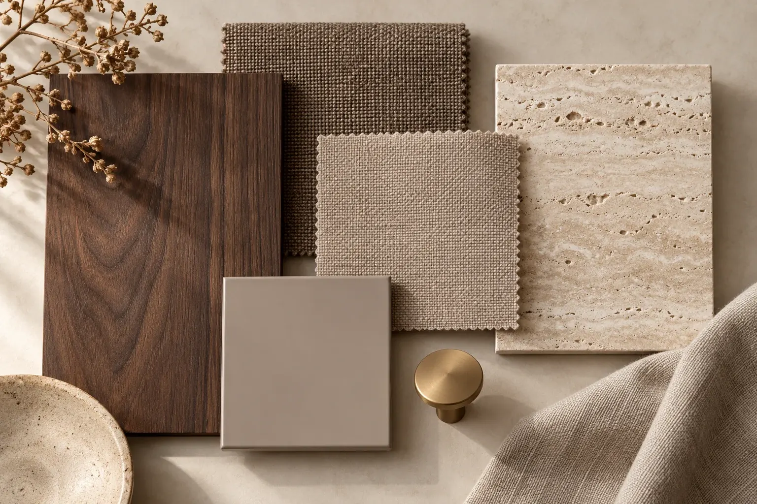 Mocha & Stone moodboard showing coordinated timber, fabric, stone and finish samples
