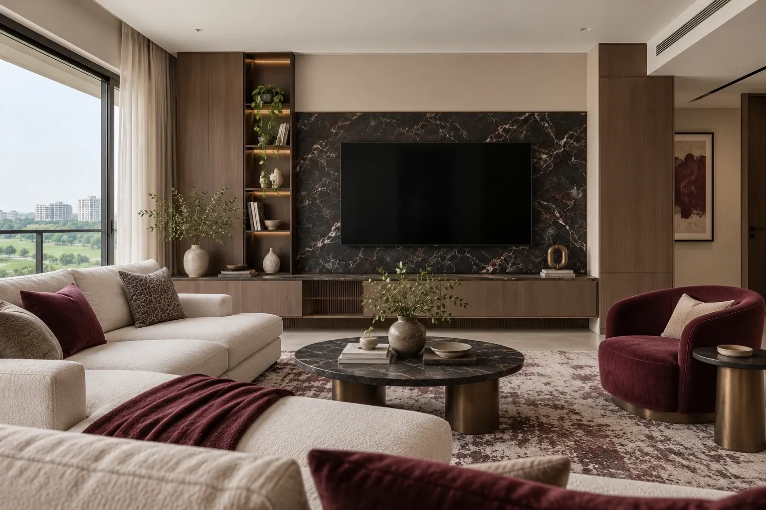Modern Luxury living-room TV wall in the Burgundy & Onyx palette, coordinated with the main living-space view
