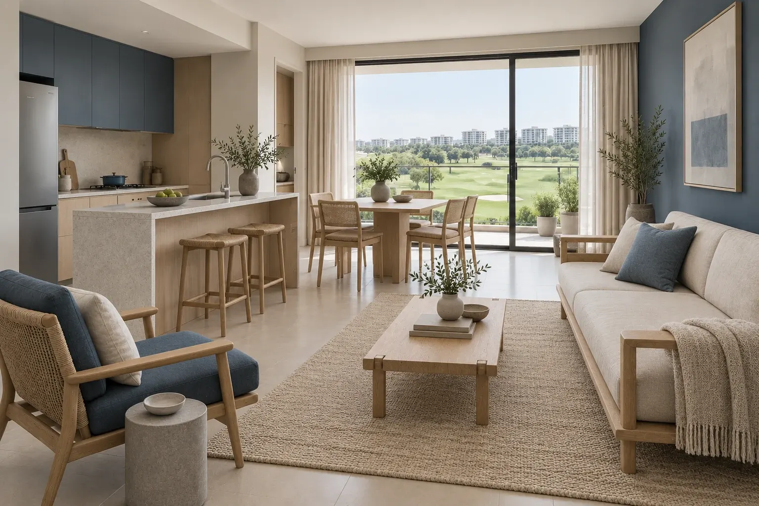 Indigo & Flax palette illustrated across a Japandi living, dining and kitchen interior