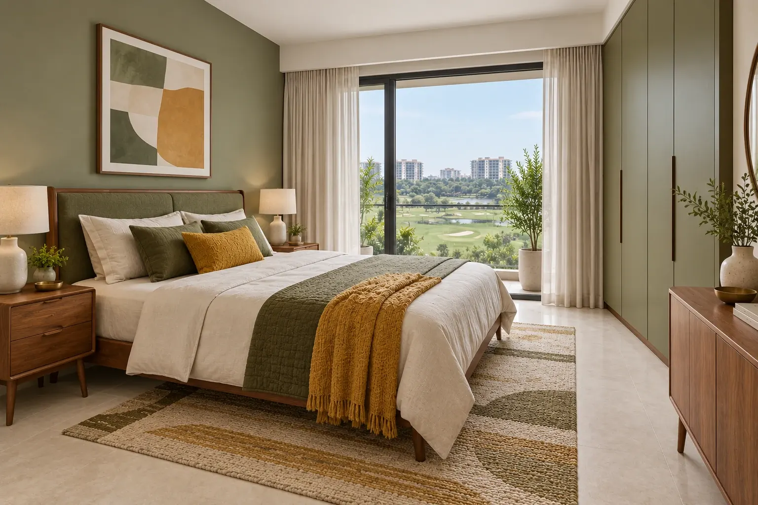 Mid-Century Modern bedroom with walnut, tapered furniture legs and olive and mustard textiles