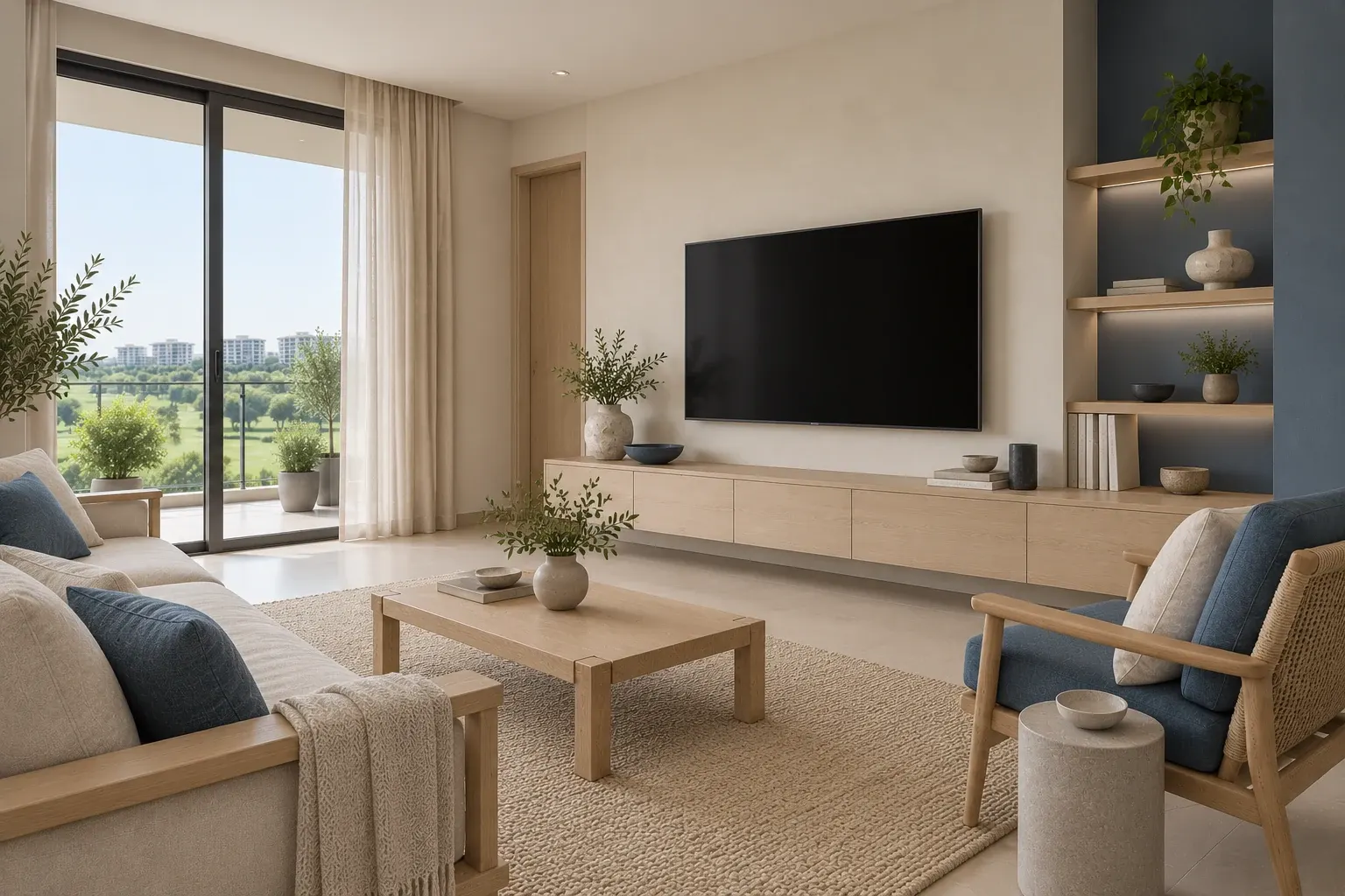 Japandi living-room TV wall in the Indigo & Flax palette, coordinated with the main living-space view