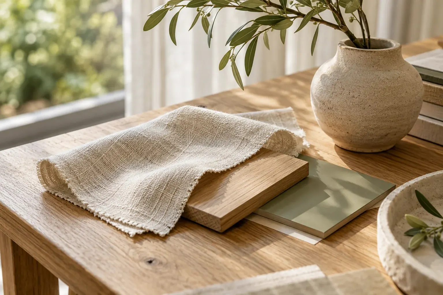 Linen, oak and a leafy branch brought together on a sunlit design worktable