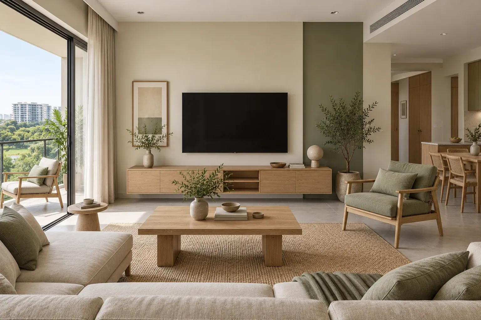 Japandi living-room TV wall in the Moss & Timber palette, coordinated with the main living-space view