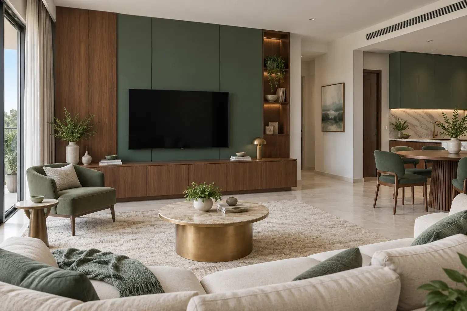 Modern Luxury living-room TV wall in the Forest & Brass palette, coordinated with the main living-space view